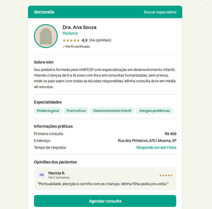 Simulação do perfil de uma pediatra na Doctoralia, com avaliações, especialidades, valor da consulta e botão de agendar.