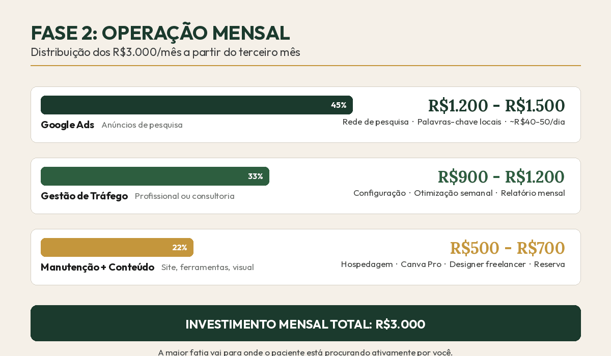 Distribuição mensal dos R$3.000 a partir do terceiro mês: Google Ads, gestão de tráfego e manutenção com conteúdo.